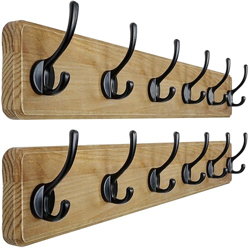 Wall Mounted Coat Rack: 24" Long, Patented, Heavy-Duty, 6-Double-Hooks Wooden Hanger Rail for Winter Coats, Hat, Jacket, Clothing - Weathered Brown, Pack of 2 - color: Weathered Brown & Black, size: L=24"(2pcs)