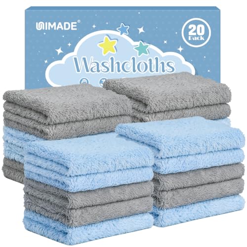 UNIMADE Baby Washcloths, 20 Pack Microfiber Coral Fleece Wash Cloths | Absorbent Baby Towels for Newborns, Infants and Toddlers, Gentle on Sensitive Skin for Face and Body - 7" × 9", Blue&Grey - color: Blue&Grey, size: 7" x 9"