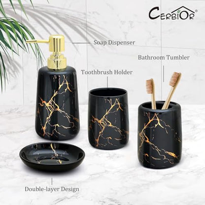 CERBIOR Bathroom Accessories Set,4 Pcs Ceramic Bathroom Accessory,Black | Includes Toothbrush Holder, Toothbrush Cup, Soap Dish for Decorative Countertop and Housewarming Gift - style: Black