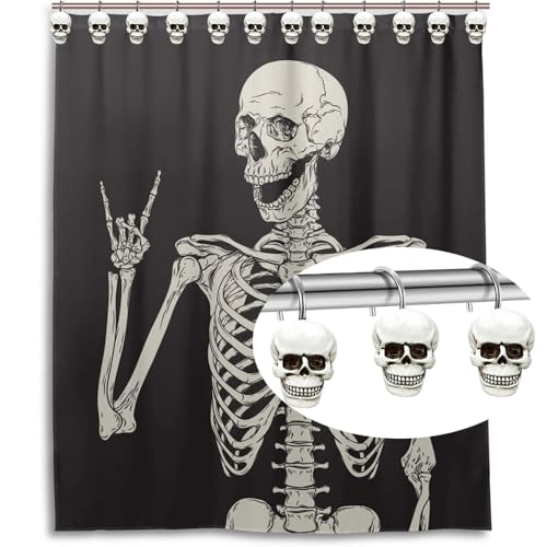 Decorative Shower Curtain Hooks, 12pcs Skull Resin Art Deco Rust Resistant Hooks Glide Shower Ring Hangs Holder Bling for Bathroom Baby Living Room Nursery Halloween Decoration