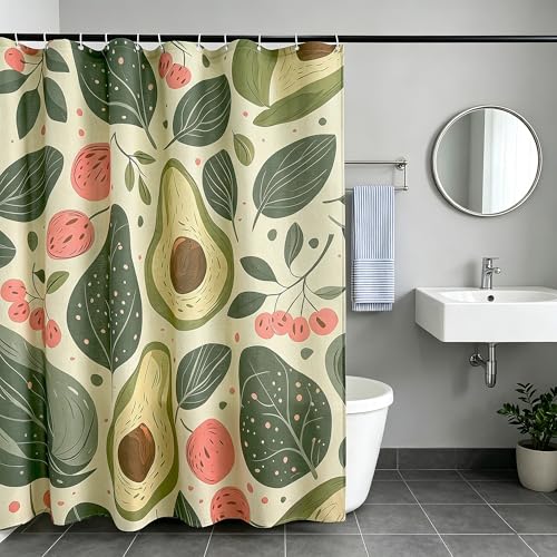 Tropical Fruits Linen Boho Shower Curtain Set with Liner,72" Wx72 L | Double Layer Shower Curtain Waterproof Fabric with Zippered Removable PEVA Liner,Boho Shower Curtain for Bathroom,Free Hooks - color: Avocado