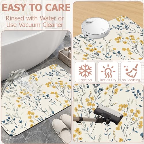 Blue Leaves Bath Mat,Yellow Berries Diatomaceous Earth Bath Mat,Rubber Backing Quick Dry Absorbent Washable Bathroom Rugs for Tub Non Slip 17"x29.5" - color: Blue Leaves,yellow Berries