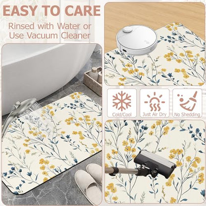 Blue Leaves Bath Mat,Yellow Berries Diatomaceous Earth Bath Mat,Rubber Backing Quick Dry Absorbent Washable Bathroom Rugs for Tub Non Slip 17"x29.5" - color: Blue Leaves,yellow Berries
