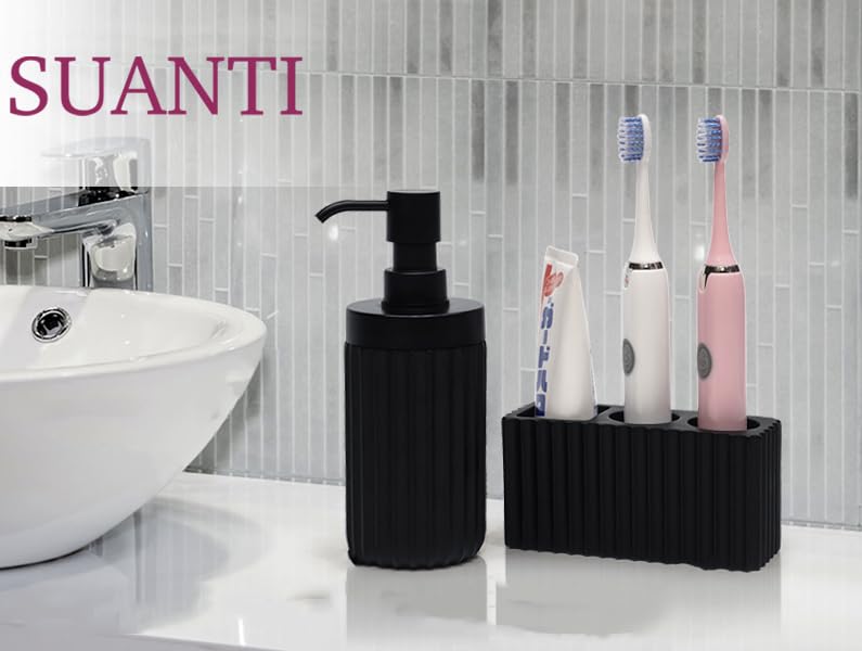 2PCS Bathroom Accessories Set with Large-Opening Ribbed Soap Dispenser and 3 Compartment Toothbrush&Toothpaste Holder,Resin Farmhouse Bathroom Decor Set Countertop Organizer-Matte Black
