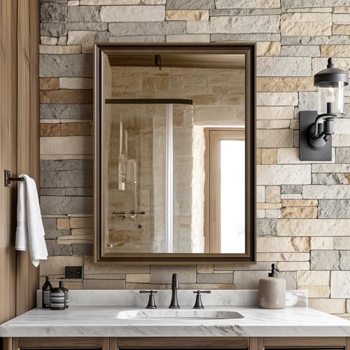 Retro Copper Effect Framed Wall Mirror, 22x30 Rectangle Mirror | Anti-desilvering Tempered Glass, Sustainable& Sturdy Frame, Farmhouse Mirror, Anti-Rust, 3min Setup for Bathroom Living Room - color: Retro Copper, size: 30"L x 22"W