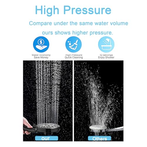 High Pressure Shower Head with Magnetic Back Fixed Base Design ,Handheld Showerhead with Hose Set Stainless Steel 59 inches/5 ft 10-Setting 5 inches Large Face ,Chrome Finish - color: Black