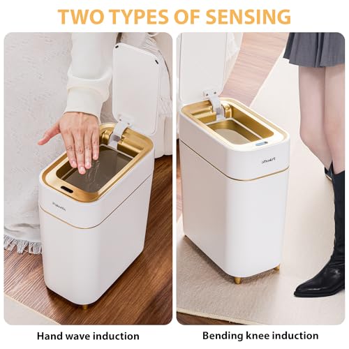 Pukomc Automatic Small Sensor Trash Can with Touchless Lid | 2.3 Gallon / 9L Smart Garbage Can, Quiet Close White Gold Waste Bin - Perfect for Kitchen, Living Room & Small Spaces - color: White