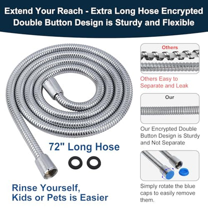 All Metal Shower Head with Handheld; Flexible Long Hose High Pressure Spray | 1 Setting Stainless Steel Shower-Head, Solid Hand Held Showerhead Sprayer Holder with Wide-Angle Adjustment, Premium Chrome - color: Premium Chrome