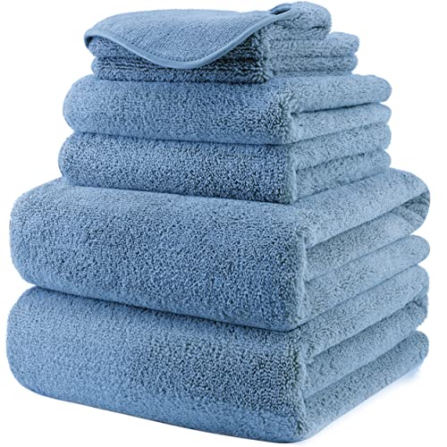 POLYTE 410 GSM Poly Blend Microfiber Quick Dry Bath Towel Set of 6 Pieces | 2-Body Towels, 2-Hand Towels, 2-Wash cloths, Oversize, Lint Free - color: Blue