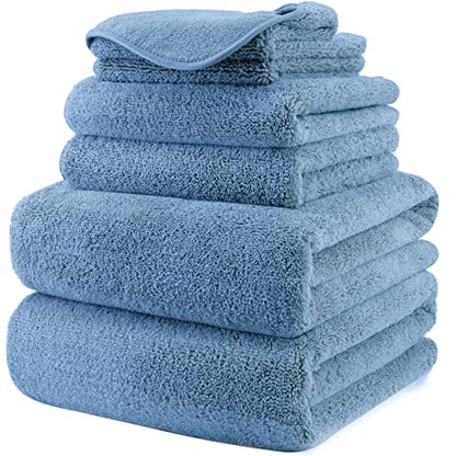POLYTE 410 GSM Poly Blend Microfiber Quick Dry Bath Towel Set of 6 Pieces | 2-Body Towels, 2-Hand Towels, 2-Wash cloths, Oversize, Lint Free - color: Blue