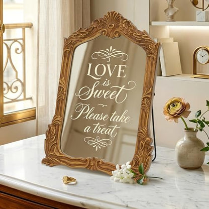 Besdomus Antique Makeup Desk Mirror: 11"x14.5" Small Gold Bow Table Vanity | Antique Standing Carved Mirror - Baroque Traditional Ornate for Bedroom/Vanity Table/Living Room - Ideal for Ages 18-45 - size: 11"L x 14.5"W
