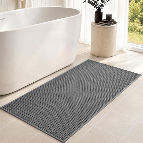 tchdio Bathroom Runner Rug, Absorbent Washable Thin Bath Mat, Non Slip Quick Dry Bath Rugs with Solid Rubber Backing, Low Profile Bath Mat, Grey, 24" x 48" - color: Grey, size: 4' x 2' (Rectangular)