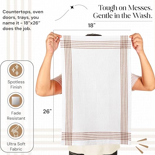 Brown and White Cotton Kitchen Towels 12 Pack, Waffle Weave, 16x26 Inch, Super Absorbent, Reversible, Quick Dry Dishcloths for Drying Dishes, Cleaning, Reusable, Everyday Use - color: Brown, White, style: 12 Pack