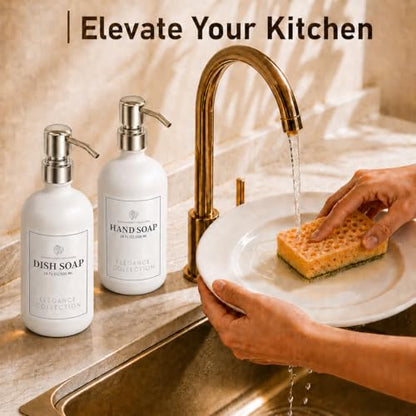 Fachixy White Glass Soap Dispenser 2 Pack, 16 Fl Oz, 14 Waterproof Labels | Leak-Resistant Stainless Steel Pump, Non-Slip Pad, Hand & Dish Soap Dispenser Bottles Set for Kitchen and Bathroom - color: Off-white