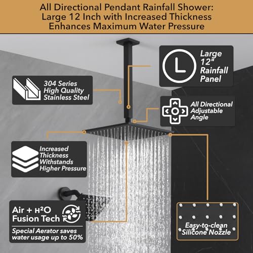 VANFOXLE Shower Faucet Set Matte Black Shower System, Push Button Diverter | 12 Inch Ceiling Mount Rain Head Increased Thick, 6 Inch Wall Mount Head, 2-in-1 Handheld Sprayer, Solid Brass Valve, Modern - color: Matte Black, style: 12"+6" Head