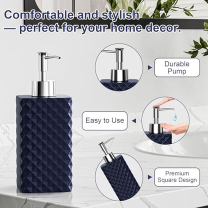 Bathroom Accessories Set Resin 6PCS, Square Toothbrush Holders Set Complete with Soap Dispenser, Vanity Tray, Tumbler, Cups and Cotton Swab Jars (Navy Diamond, Resin Bath 6 PCS) - color: Navy Diamond