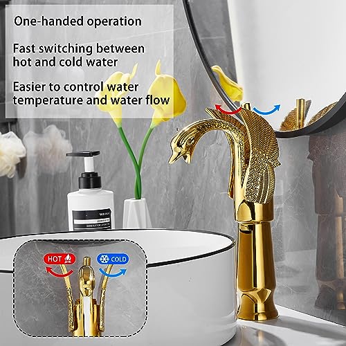 Gold Swan Shape Single Handle One Hole Bathroom Vessel Sink Faucet Deck Mount Lavatory Sink Faucet - color: Gold, size: Tall