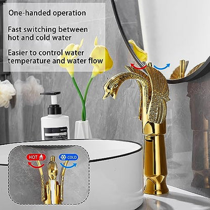 Gold Swan Shape Single Handle One Hole Bathroom Vessel Sink Faucet Deck Mount Lavatory Sink Faucet - color: Gold, size: Tall