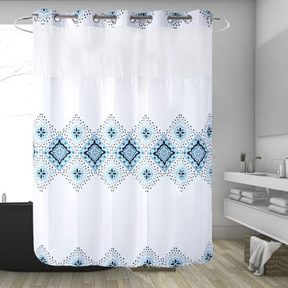 71" W x74 H Hotel Grade Fabric Hook Free Shower Curtain with Replacement Magnets Liner White&Blue Boho Style –100% Waterproof Machine Washable Top See Through Mesh Window Standard Size - color: White&blue, size: 71"W x 74"L (Pack of 1)