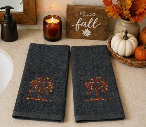 Serafina Home Harvest Fall Bathroom Guest Hand Embroidered Towels 2 Pc Set: Autumn Tree Design Bath Plush Grey Gray Towels, 100% Cotton, 16" x 25" Inches, Oeko-TEX Certified - color: Autumn Tree Grey