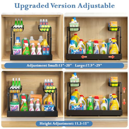 Aisslro Under Sink Organizer, 2 Tier Pull Out Cabinet Organizer, Expandable & Adjustable Slide Out Shelf 17.9''–29.5'', Under Sink Storage for Kitchen Bathroom Laundry Cabinet Storage, Black - size: Large