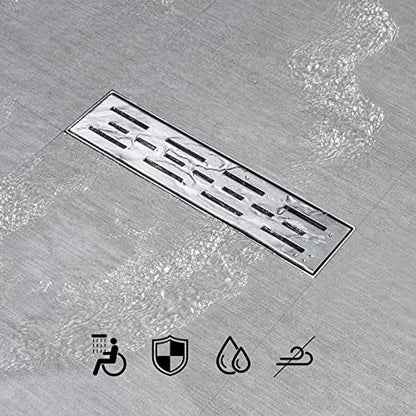 SaniteModar Linear Shower Drain 12 inch Brushed with Brick Pattern Grate | AISI 304 Stainless Steel Brushed Linear Dain Rectangle Shower Floor Drain with Hair Strainer and Leveling Feet - size: 12 Inch