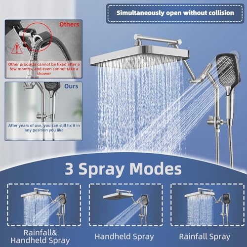 14" High Pressure Rain/Rainfall Shower Heads With Handheld Spray Combo (3+1 Settings & Built-in Power Wash Mode), Double/Dual Shower Head With Handheld - Height/Angle Adjustable(Polished Chrome) - color: Polished Chrome, size: 14 Inch