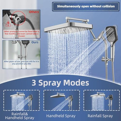 14" High Pressure Rain/Rainfall Shower Heads With Handheld Spray Combo (3+1 Settings & Built-in Power Wash Mode), Double/Dual Shower Head With Handheld - Height/Angle Adjustable(Polished Chrome) - color: Polished Chrome, size: 14 Inch