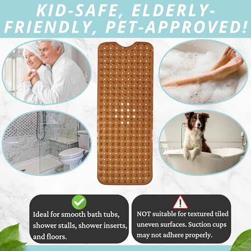 ENKOSI Non-Slip Bath & Shower Mat 40x16 Extra Long, Suction & Drain Holes | Clear Brown look; Durable PVC; 40x16 in, Clear Brown - color: Clear Brown