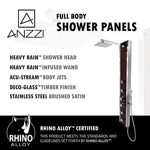 ANZZI Shower Panel 57", 4 Mahogany Deco Glass Jetted Shower Panel | Free-Reign Euro Grip Handheld Sprayer With 60 In. Hose, Includes One 1 Monsoon Full Body One 1 Heavy Rain - color: Mahogany, style: 4 Jets