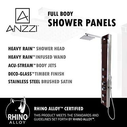 ANZZI Shower Panel 57", 4 Mahogany Deco Glass Jetted Shower Panel | Free-Reign Euro Grip Handheld Sprayer With 60 In. Hose, Includes One 1 Monsoon Full Body One 1 Heavy Rain - color: Mahogany, style: 4 Jets