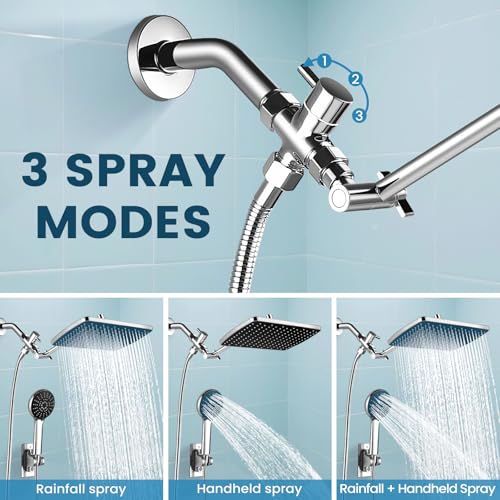 Rain Shower Head with Handheld Combo, Chrome Finish | 11.8" rainfall head, 3-mode handheld, adjustable arm, tool-free install, leak-free chrome, spa-like flow, multi-use spray - color: Chrome, style: Basic
