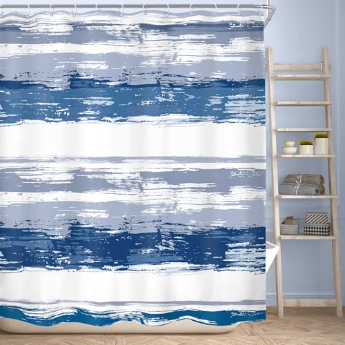 Abstract Navy Blue Modern Gray Striped Neutral Bathroom Shower Curtain Set | 60Wx72H Geometric Watercolor design, waterproof HD print with fast-drying fabric and 12 hooks. - color: B1-navy Blue, size: 60"W x 72"L (Pack of 12)