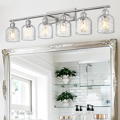 zeyu 6-Light Bathroom Wall Light Fixture, 42 Inch Modern Nickel Vanity Lighting Fixtures for Bedroom, Brushed Nickel Finish with Clear Hammered Glass, ZJF63B-6W BN - color: Brushed Nickel|Hammered Glass, size: 6-Light