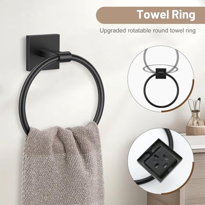 Towel Ring Set 4 Piece Bathroom Hardware Set Includes Towel Ring 2 Towel Hooks and Toilet Paper Holder Stainless Steel Wall Mounted (Matte Black) - color: Matte Black, size: Set D