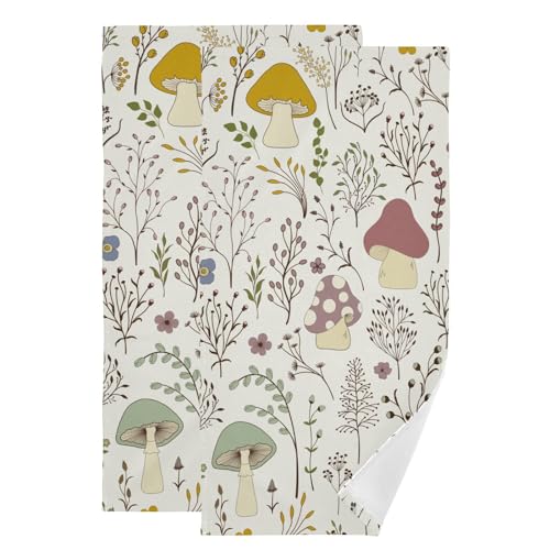 Cartoon Mushroom Hand Towels for Bathroom 2 Pack,Microfiber Soft Absorbent Spring Colorful Boho Wildflower Plant Kitchen Towels,Decorative Bathroom Towels for Face,Hair,Bath,Gym 14"x28" - color: Mushroom