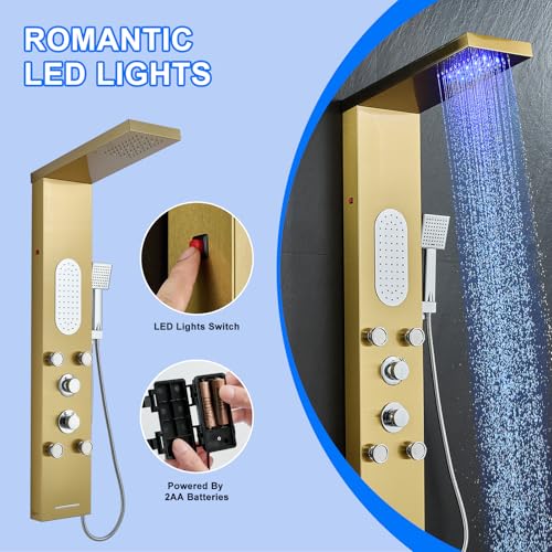 5-Jet LED Shower Panel Tower System Stainless Steel Brushed Gold | Rainfall head | 5 body jets | Handheld shower | LED lights | Brushed gold finish | Wall mount - color: Gold