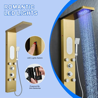 5-Jet LED Shower Panel Tower System Stainless Steel Brushed Gold | Rainfall head | 5 body jets | Handheld shower | LED lights | Brushed gold finish | Wall mount - color: Gold