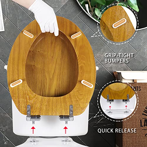 Angel Shield Toilet Seat Round Wood Veneer Quiet Close(Oak) | Quick Release Metal Hinges, Adjustable Fit for Standard Round Toilets, Easy to Install&Clean - color: Oak, size: Round