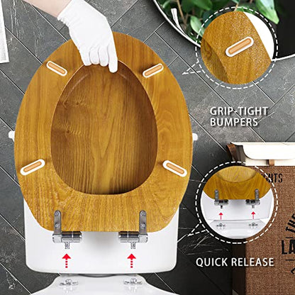 Angel Shield Toilet Seat Round Wood Veneer Quiet Close(Oak) | Quick Release Metal Hinges, Adjustable Fit for Standard Round Toilets, Easy to Install&Clean - color: Oak, size: Round