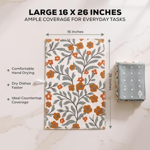 Kitchen Towels, Dish Towels for Kitchen, 2 Pc Kitchen Towel Set | Microfiber Waffle Towels, 16 x 26 inches, with Hanging Loops, Reusable Tea Towels, Cute Kitchen Towels - 2 Pack - color: Green Floral and Dots
