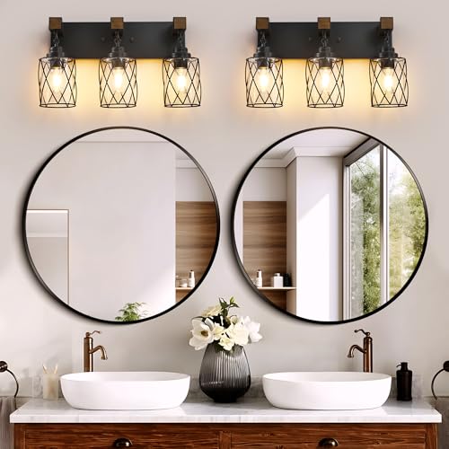 Bathroom Light Fixtures,Farmhouse Black Metal with Glass Shade | 3 Light Rustic Vanity Lights, Wood Accent Wire Cage Design, Mounts Over Mirror, Ideal for Bedroom & Hallway,Easy to Install - size: 3-Light