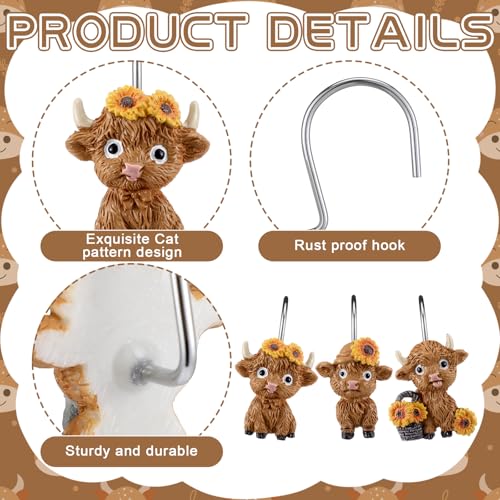 Roowest 12 Pcs Highland Cow Shower Curtain Hooks Sunflower Farmhouse | Cute Cow Ring Design, Stainless Steel Rust Resistant, Western Farmhouse Bathroom Decor, Fits Standard Curtain Rods - style: Sunflower Highland Cow