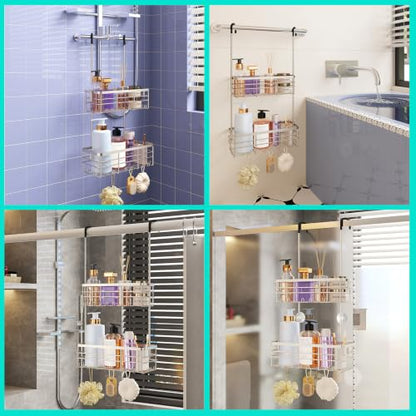 HapiRm Shower Caddy Organizer Hanging - No Drilling Shower Rack with Hooks | For Renters & Small Bathrooms, No Drilling 2-Tier Shelves, Rustproof 304 Stainless Steel, Brushed Nickel - color: Brushed Nickel