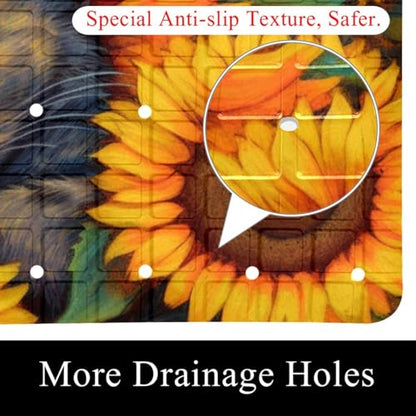 Shower Mat Non-Slip Bathtub Mats with Suction Cups and Drain Holes, Sleeping Cat Sunflower Design, Easy to Clean for Bathroom, 26.8x15.1In - color: Multi 13