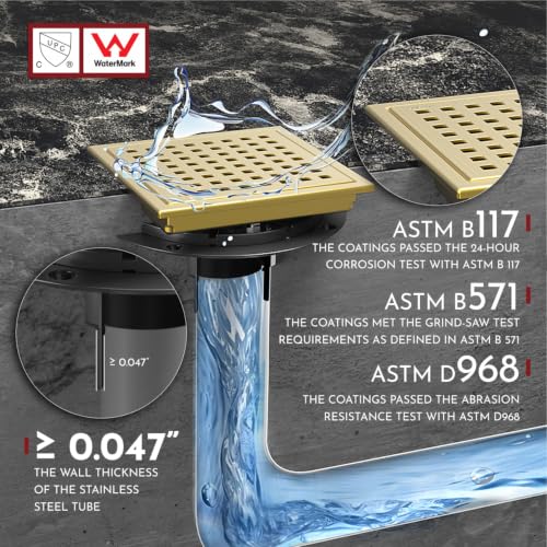 6 Inch Square Shower Floor Drain with Flange,Quadrato Pattern Grate Removable,Food-Grade SUS 304 Stainless Steel,Watermark&CUPC Certified, Brushed Gold - color: Brushed Gold, size: 6 Inch