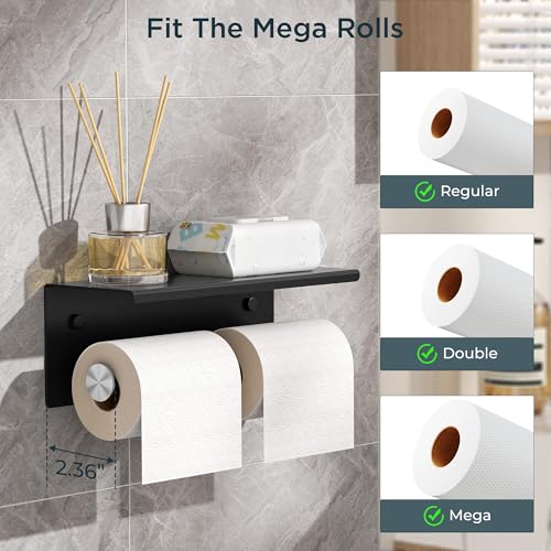 FORIOUS Toilet Paper Holder with Shelf, Commercial Toilet Paper Dispensers | Black & Brushed Nickel | Wall Mount Bathroom Tissue Holder | SUS304 Stainless Steel Rustproof | Double Tissue Roll Holder - color: Matte Black & Stainless Steel