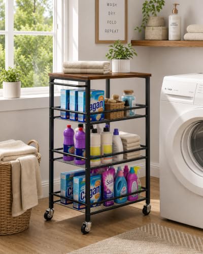 Pipishell Slim Storage Cart with Wheels, 4 Tier Rolling Bathroom Storage Cart with Handle and Wood Top, Metal Slim Kitchen Cart for Laundry Room, Bathroom, Kitchen, Narrow Space, Black & Rustic Brown - size: 10.8 in