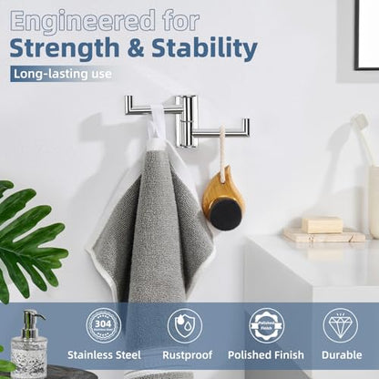 Aomasi 180° Swivel Towel Hook for Bathroom, 304 Stainless Steel Wall Mounted Double Robe Hook, Heavy Duty 11LB Towel Hanger, Polished Chrome - color: Polished Chrome, size: 1 Pack