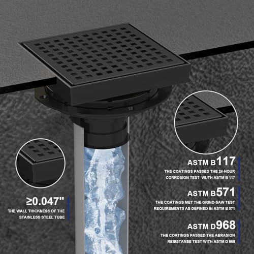 6 Inch Matte Black Square Shower Drain with Removable Grate | AISI 304 Stainless Steel Shower Drain, Shower Floor Drain with Hair Catcher & ABS Flange, Fits Bathroom & Balcony etc - color: Matte Black, size: 6 in